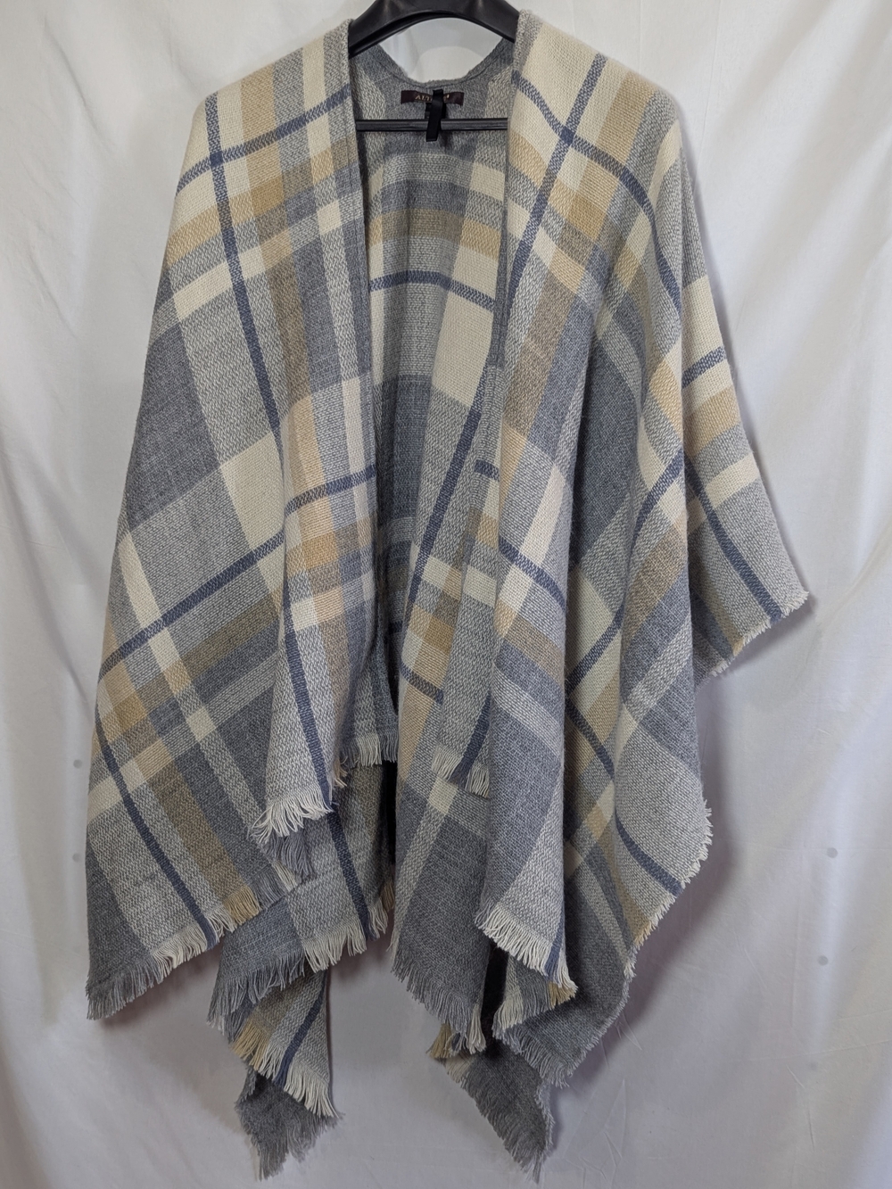 Altare Plaid Ruana Shawl Wrap One Size Gray Taupe Navy Fringe